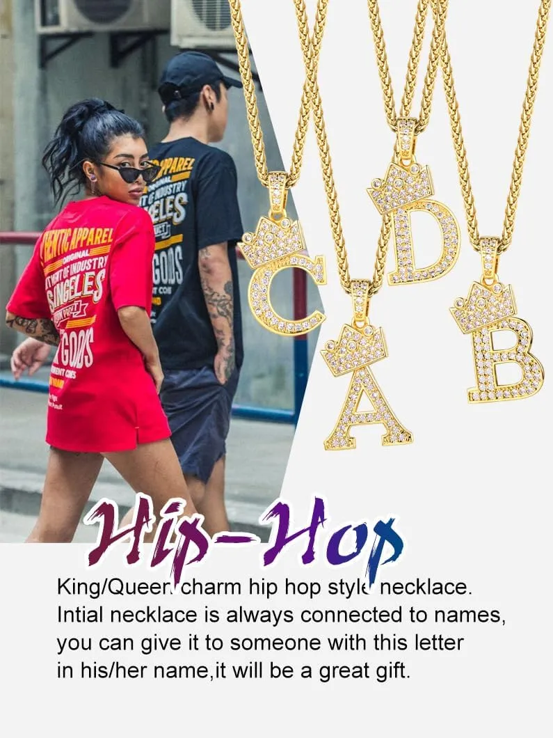 Richsteel Initial Necklace for Men A-Z 18K Gold Plated Crown Shiny Cubic Zirconia Monogram Pendant for Women Fashion Jewelry