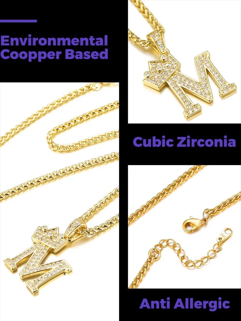 Richsteel Initial Necklace for Men A-Z 18K Gold Plated Crown Shiny Cubic Zirconia Monogram Pendant for Women Fashion Jewelry