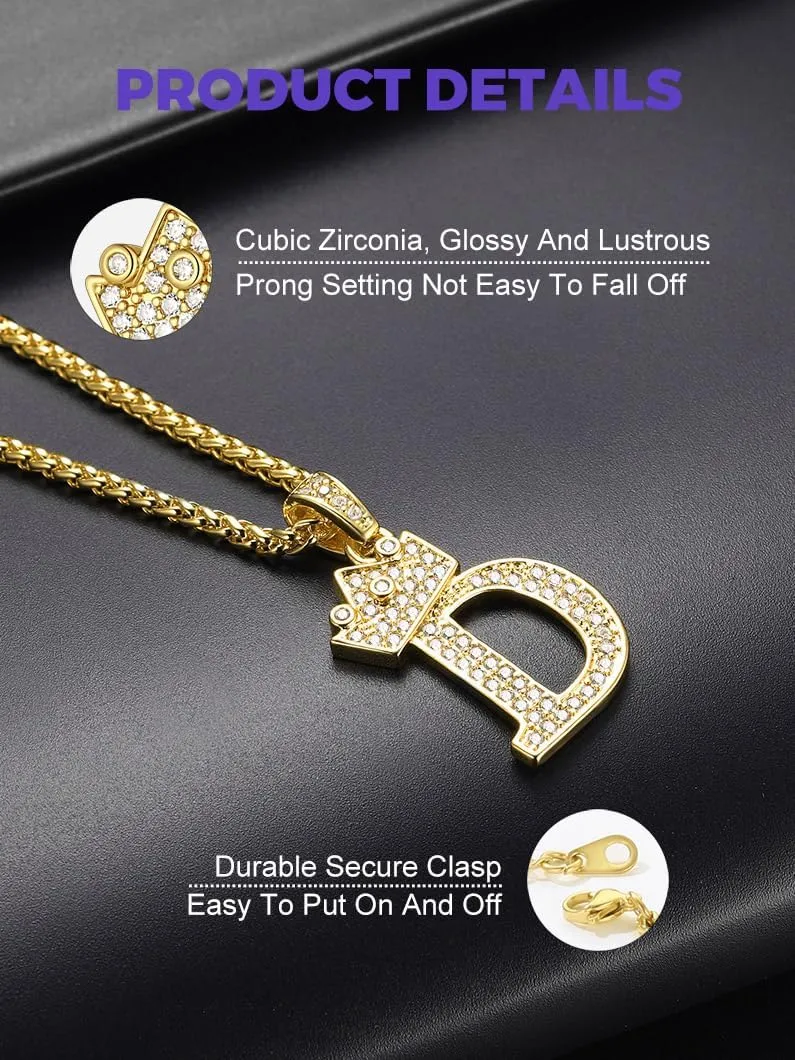 Richsteel Initial Necklace for Men A-Z 18K Gold Plated Crown Shiny Cubic Zirconia Monogram Pendant for Women Fashion Jewelry