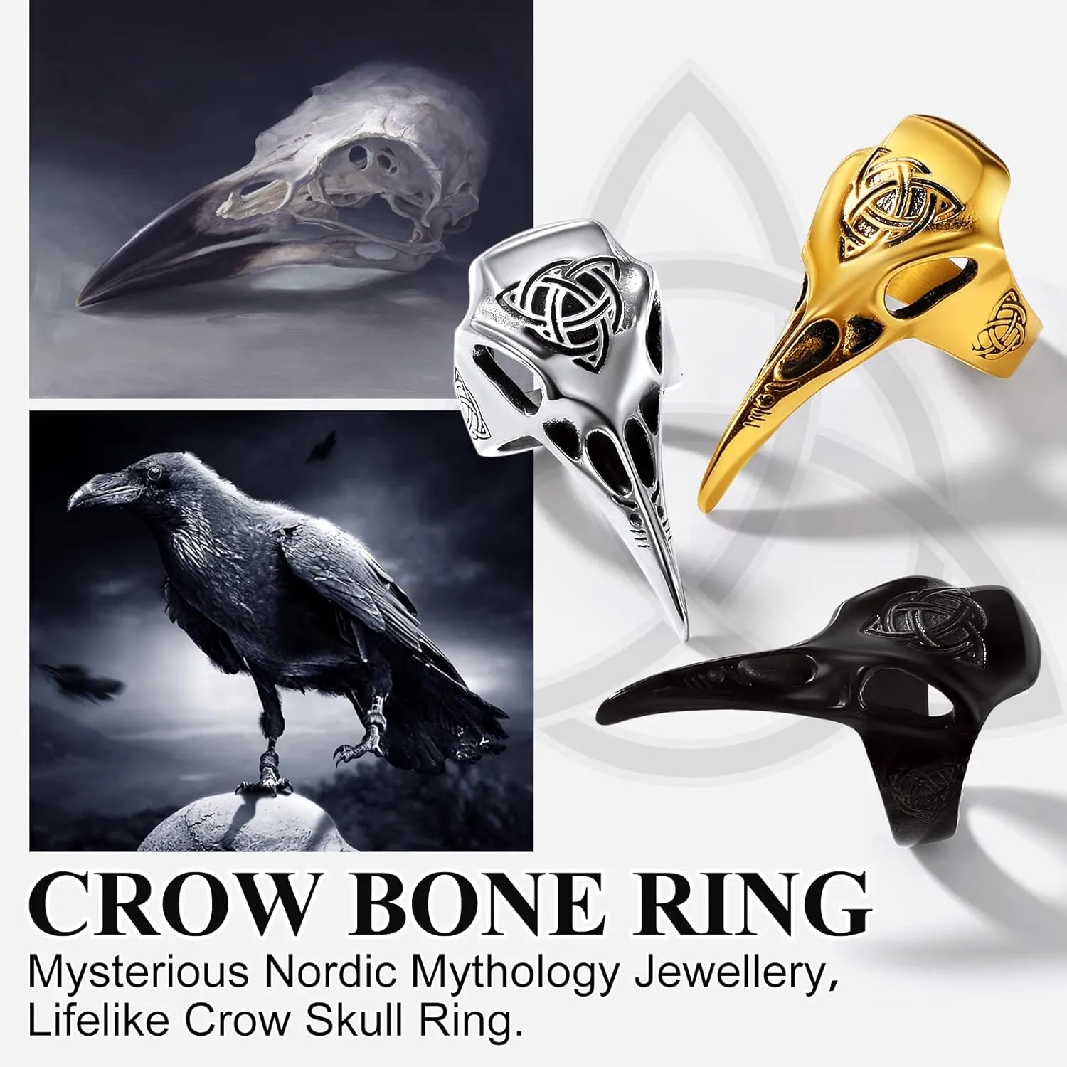 Richsteel Stainless Steel Viking Raven Crow Skull Ring for Men Women Gothic Norse Protection Jewelry(with Gift Box)