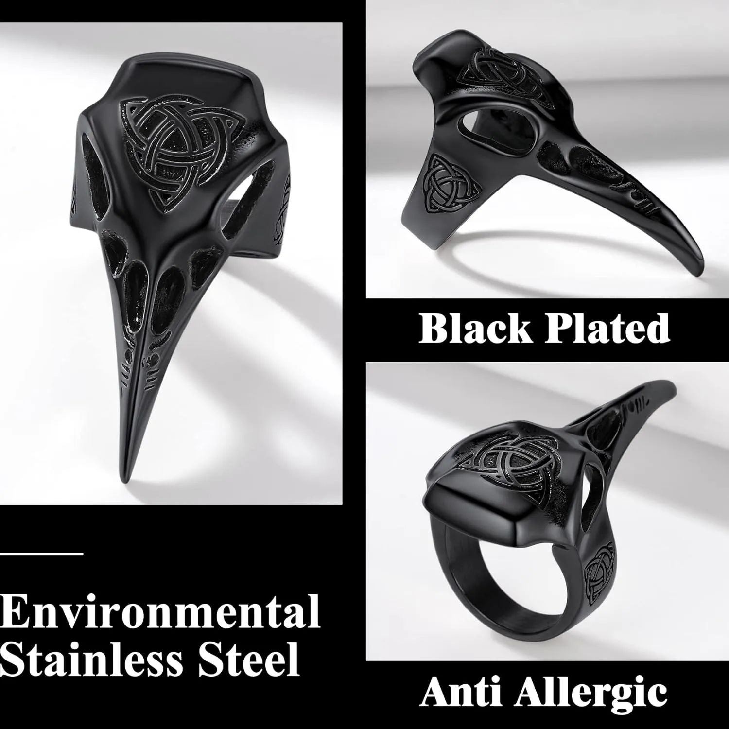 Richsteel Stainless Steel Viking Raven Crow Skull Ring for Men Women Gothic Norse Protection Jewelry(with Gift Box)
