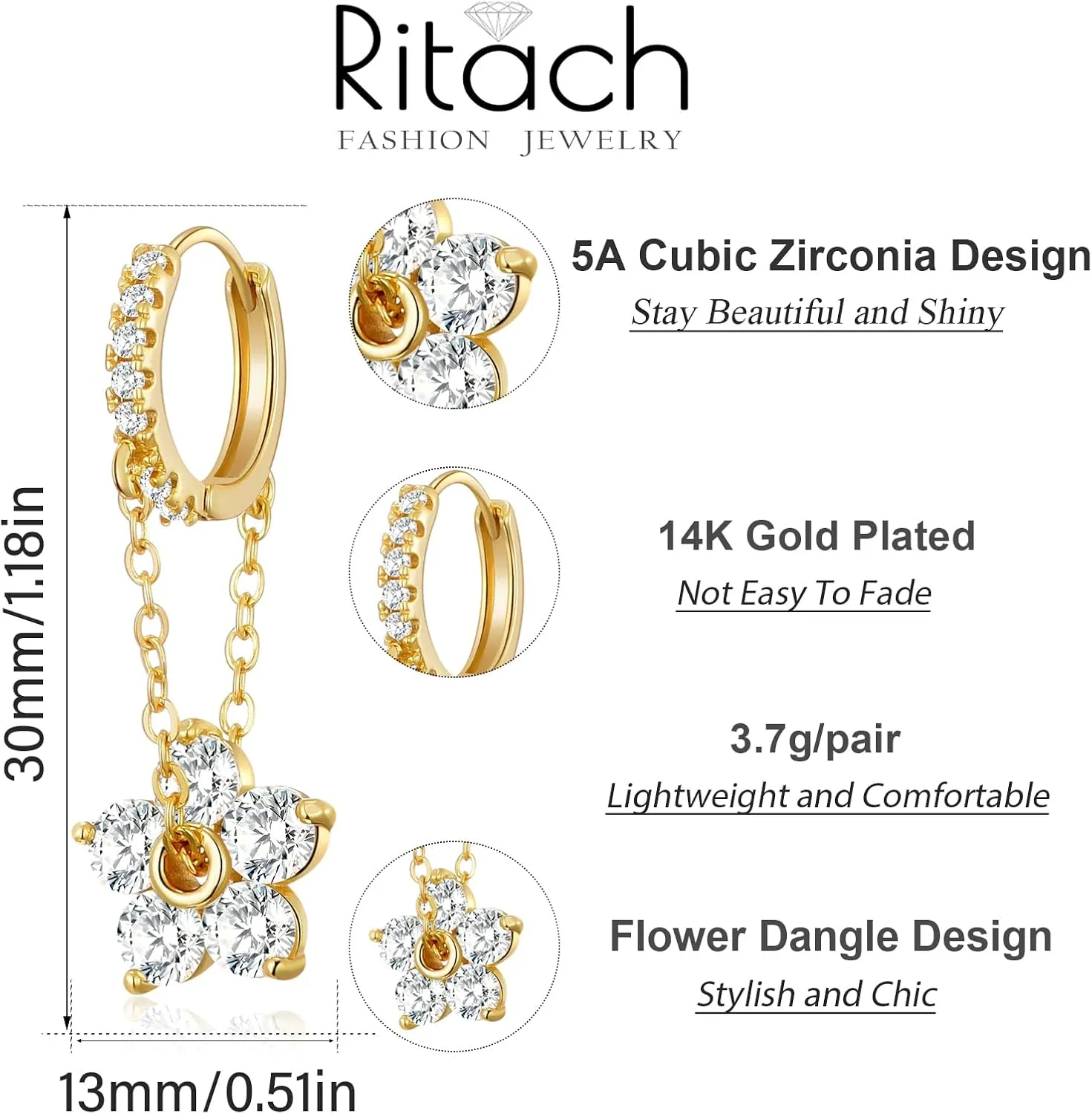 Ritach Gold Chain Earrings for Women Trendy Dainty 925 Sterling Silver Post 14k Gold Plated Chain Tassel Dangle Hoop Earrings for Gifts