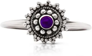 Round Amethyst Ethnic 925 Sterling Silver Ring - Delicate BOHO Chic Jewelry - Fashionable and Stylish for Girls and Women with Velvet Gift Bag/Box - Made by Indian Artisans - Size 5-10