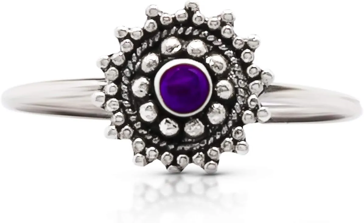 Round Amethyst Ethnic 925 Sterling Silver Ring - Delicate BOHO Chic Jewelry - Fashionable and Stylish for Girls and Women with Velvet Gift Bag/Box - Made by Indian Artisans - Size 5-10
