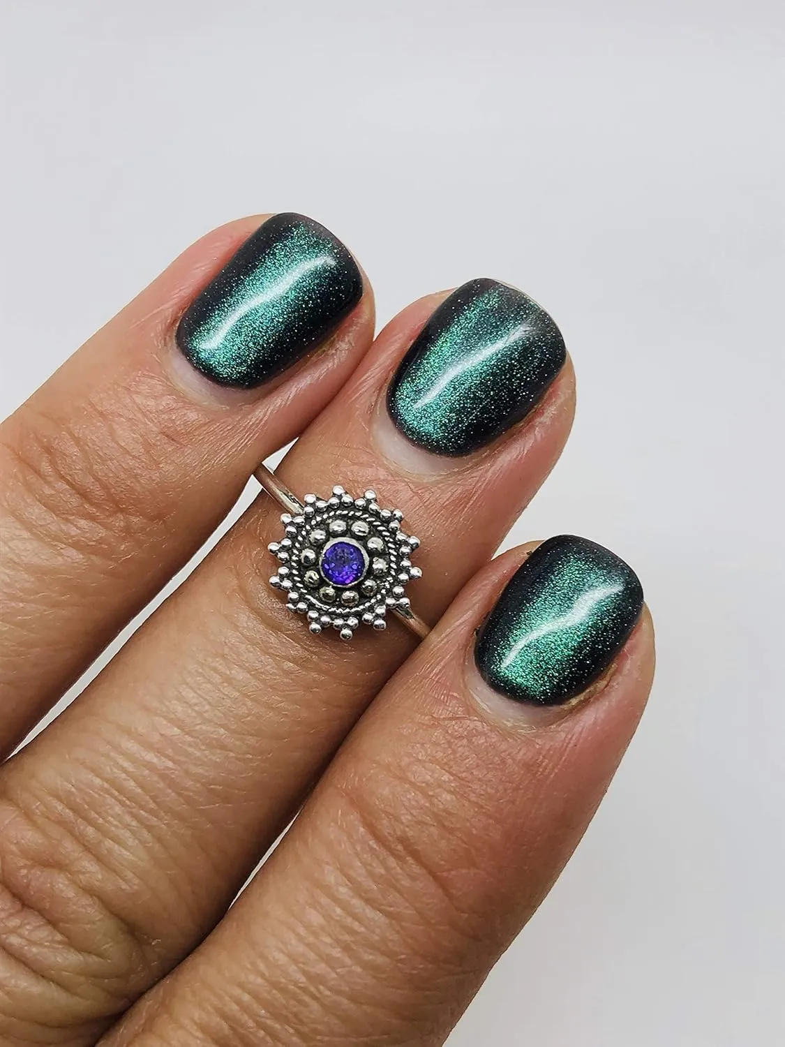Round Amethyst Ethnic 925 Sterling Silver Ring - Delicate BOHO Chic Jewelry - Fashionable and Stylish for Girls and Women with Velvet Gift Bag/Box - Made by Indian Artisans - Size 5-10