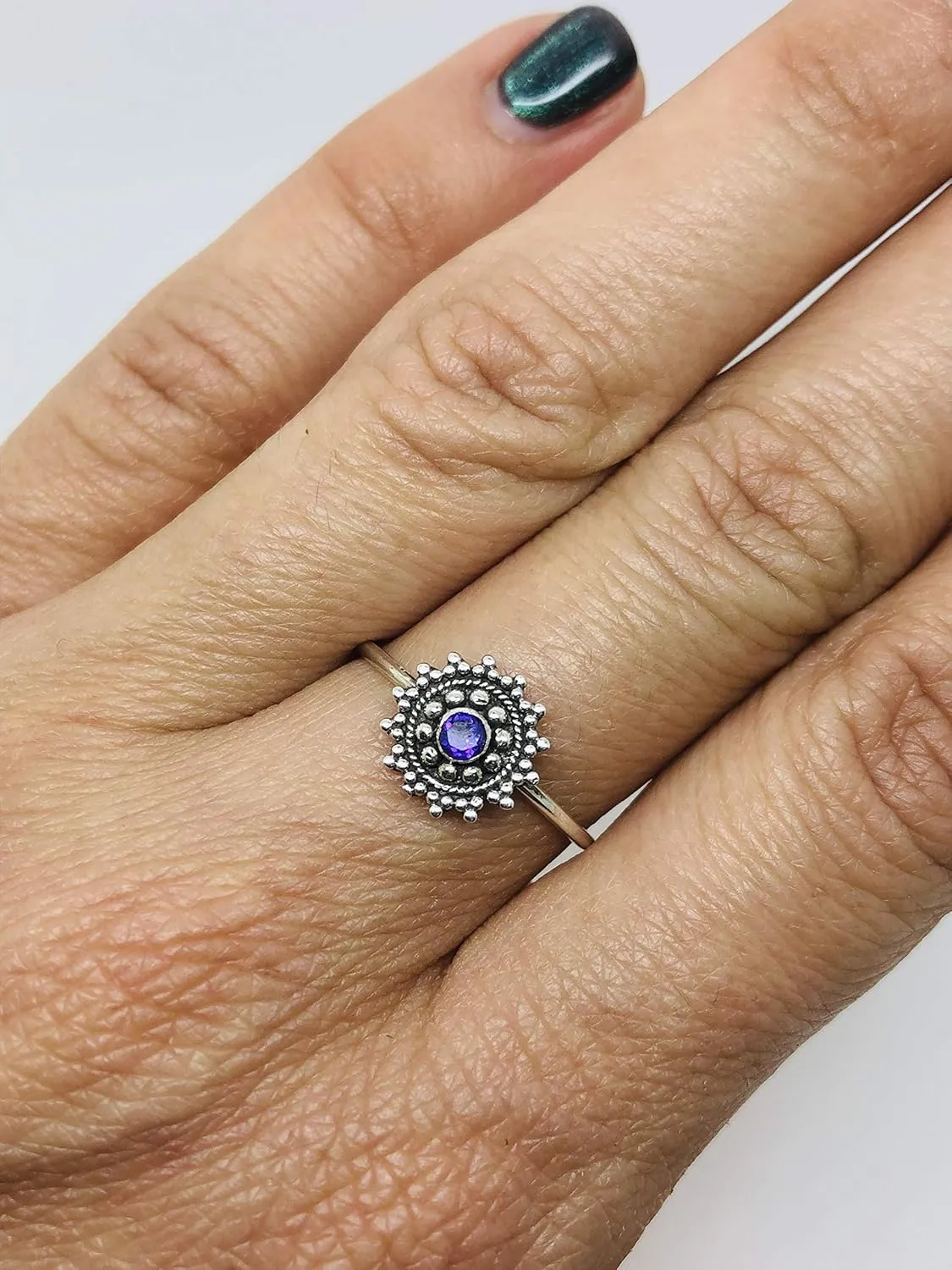 Round Amethyst Ethnic 925 Sterling Silver Ring - Delicate BOHO Chic Jewelry - Fashionable and Stylish for Girls and Women with Velvet Gift Bag/Box - Made by Indian Artisans - Size 5-10