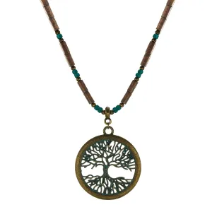 Round Antique Gold Patina Boho Vintage Style Tree of Life Pendant and Wood Beaded Necklace (20, Gold patina, brown)
