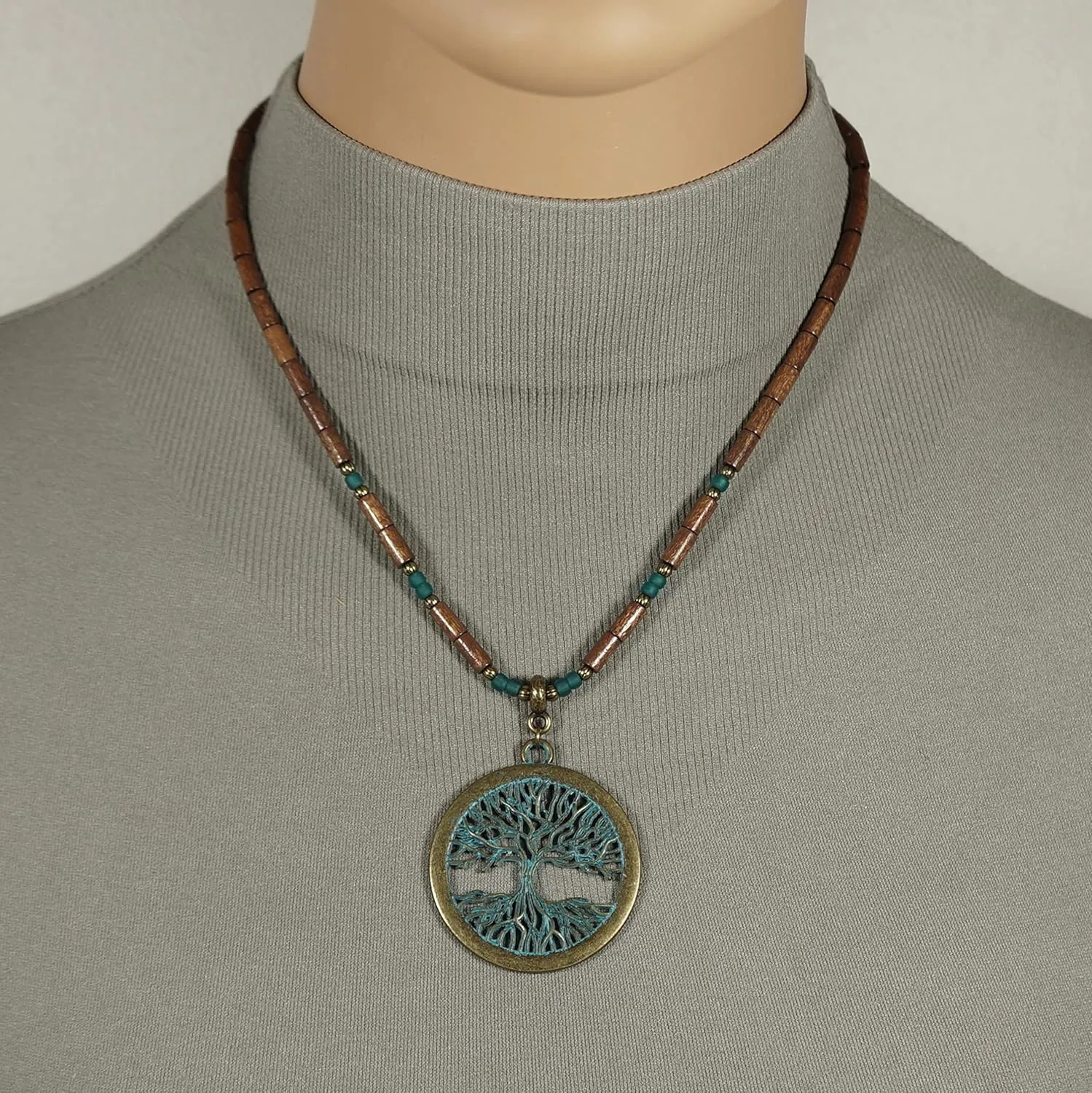 Round Antique Gold Patina Boho Vintage Style Tree of Life Pendant and Wood Beaded Necklace (20, Gold patina, brown)