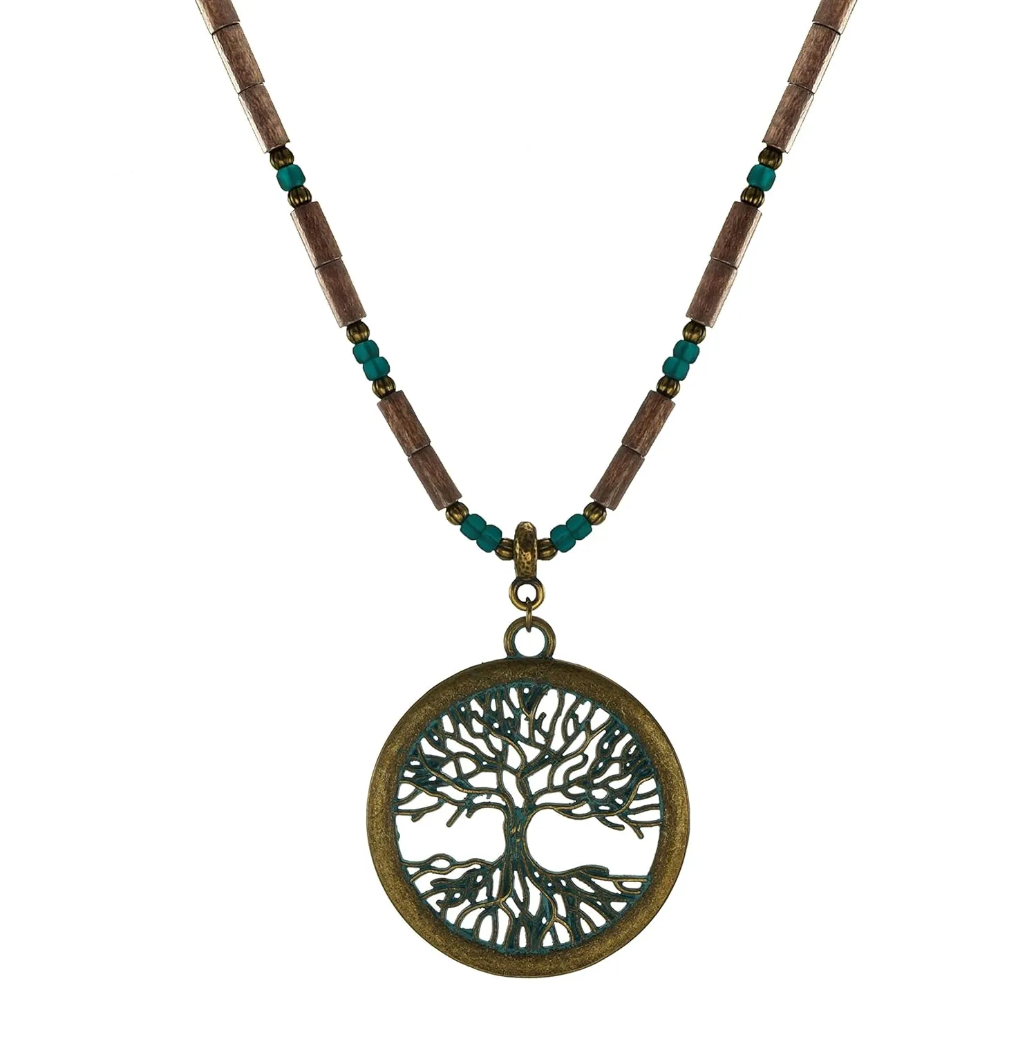 Round Antique Gold Patina Boho Vintage Style Tree of Life Pendant and Wood Beaded Necklace (20, Gold patina, brown)