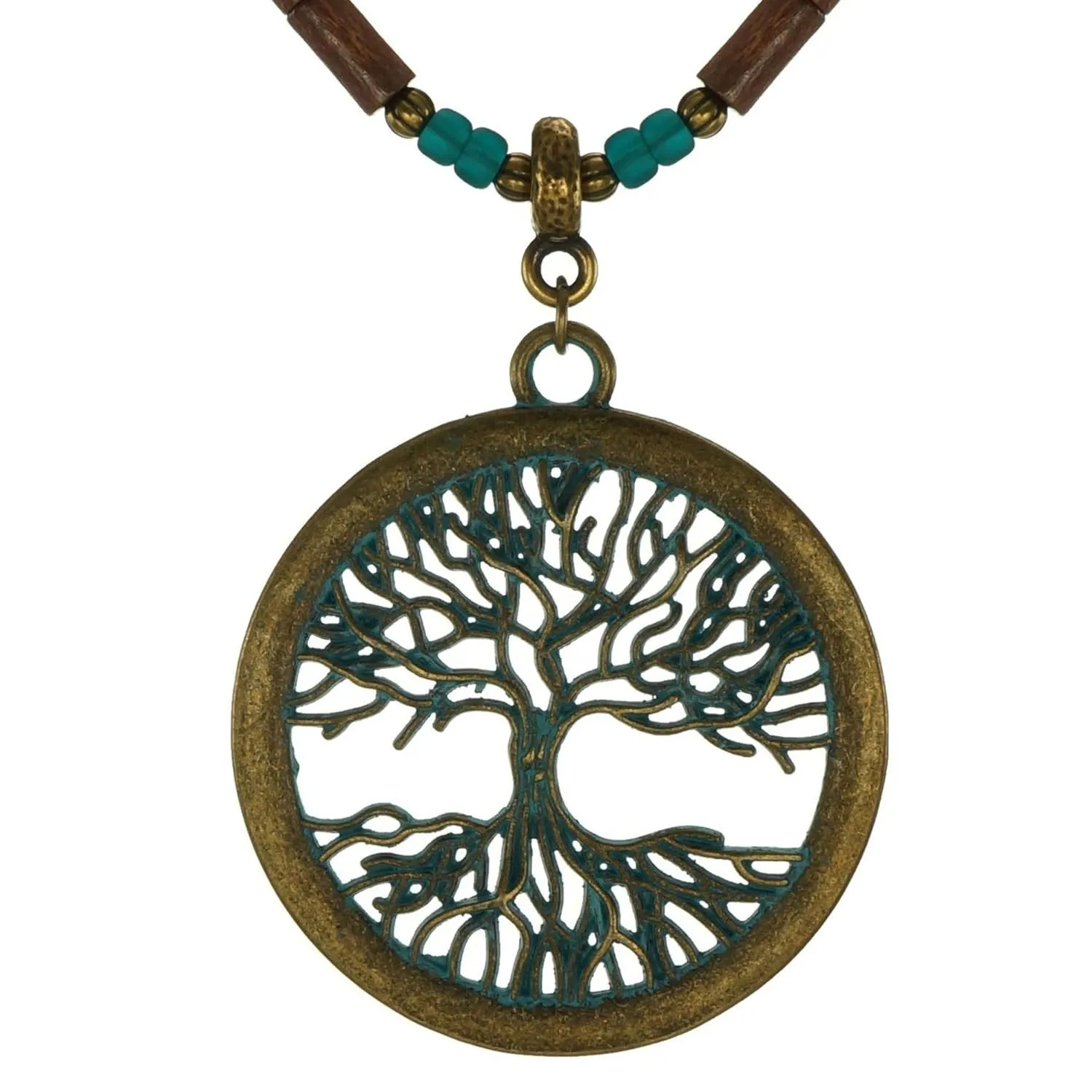 Round Antique Gold Patina Boho Vintage Style Tree of Life Pendant and Wood Beaded Necklace (20, Gold patina, brown)