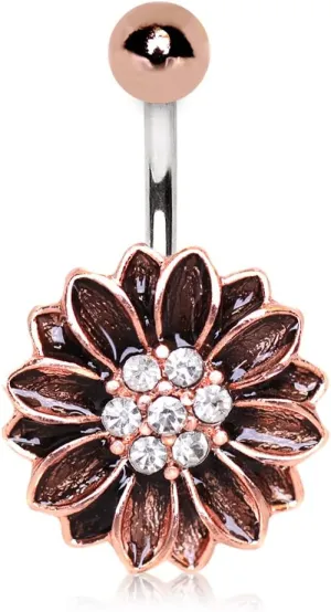 Round Antique Sunflower Rose Gold Navel Ring CZ Center 316L Surgical Steel