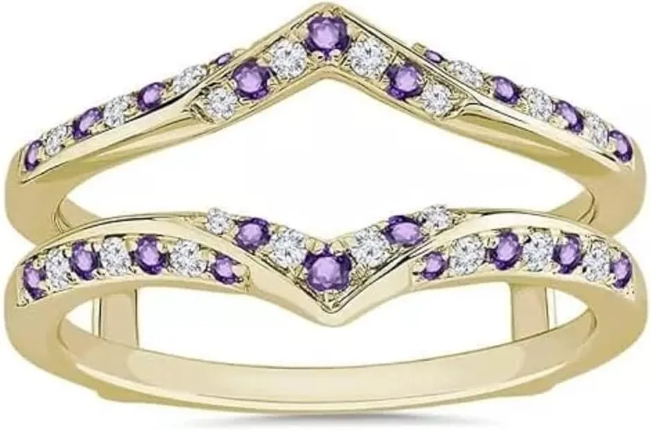 Round Cut Purple Amethyst & Diamond 14K Yellow Gold Finish 925 Sterling Silver Double Infinity Engagement Wedding Enhancer Wrap Ring Guard for Women's