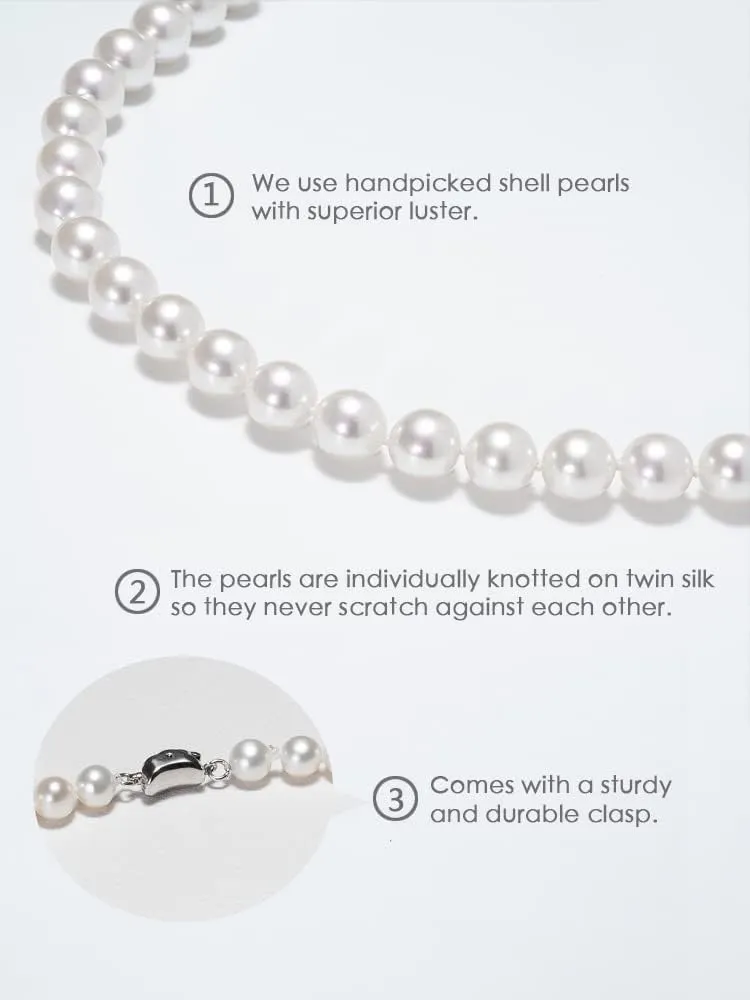Round White Simulated Shell Pearl Necklace 16"-24" Length Unisex Pearl Strand for Women and Men