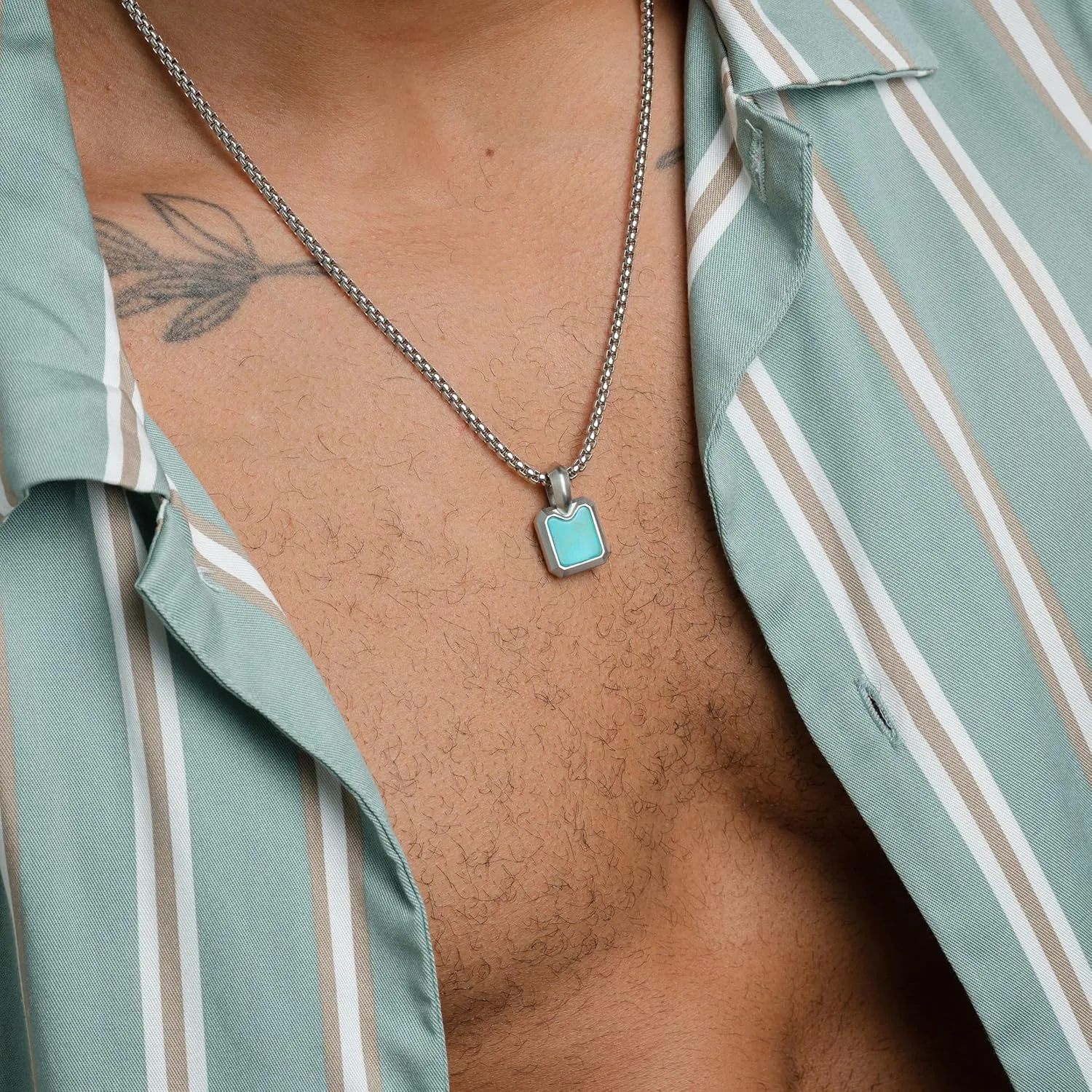 RTZN Turquoise Necklace for Men  Premium Mens Small Square Pendant with Stainless Steel Box Chain 22" Inch   2" Extension - Mens Turquoise Necklace