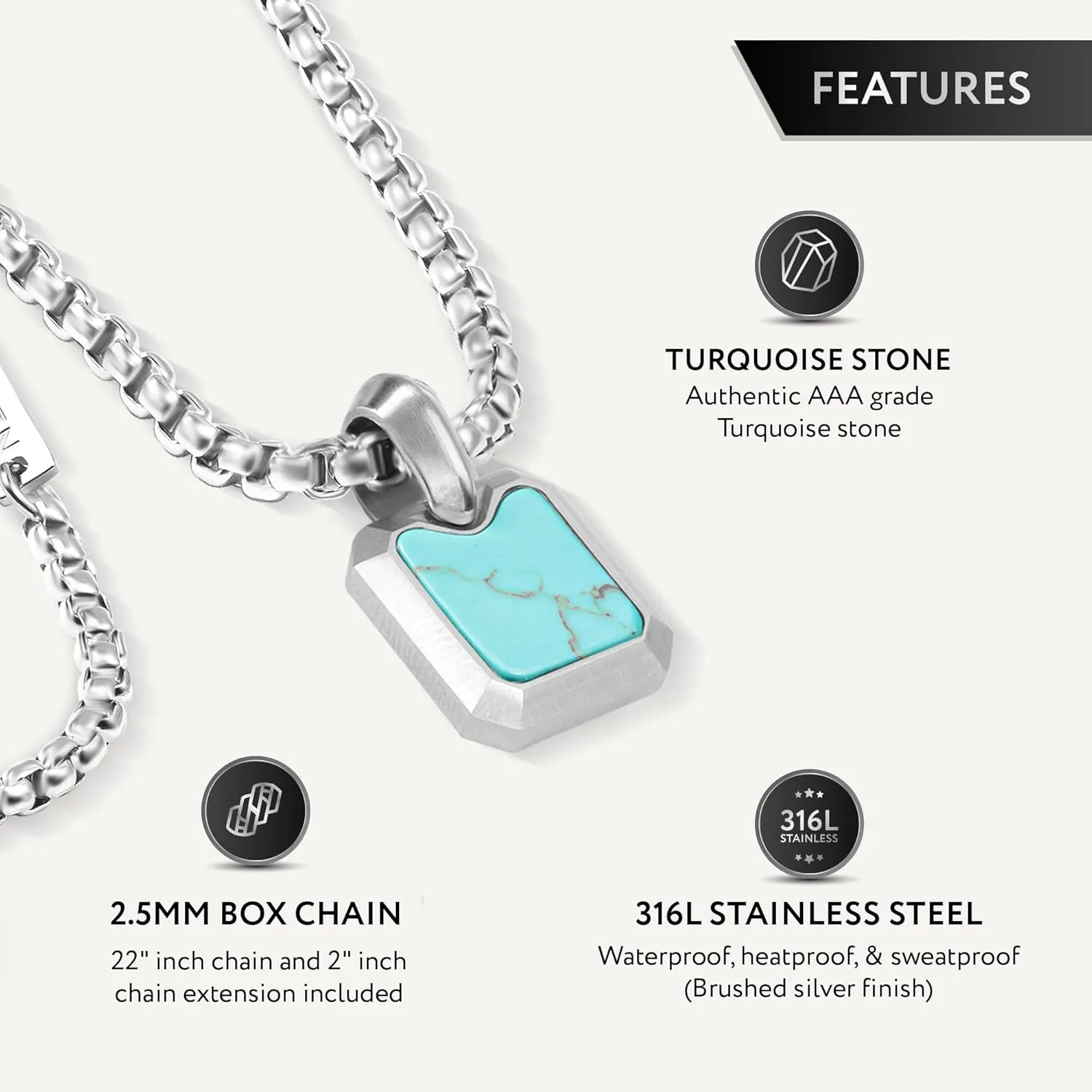RTZN Turquoise Necklace for Men  Premium Mens Small Square Pendant with Stainless Steel Box Chain 22" Inch   2" Extension - Mens Turquoise Necklace