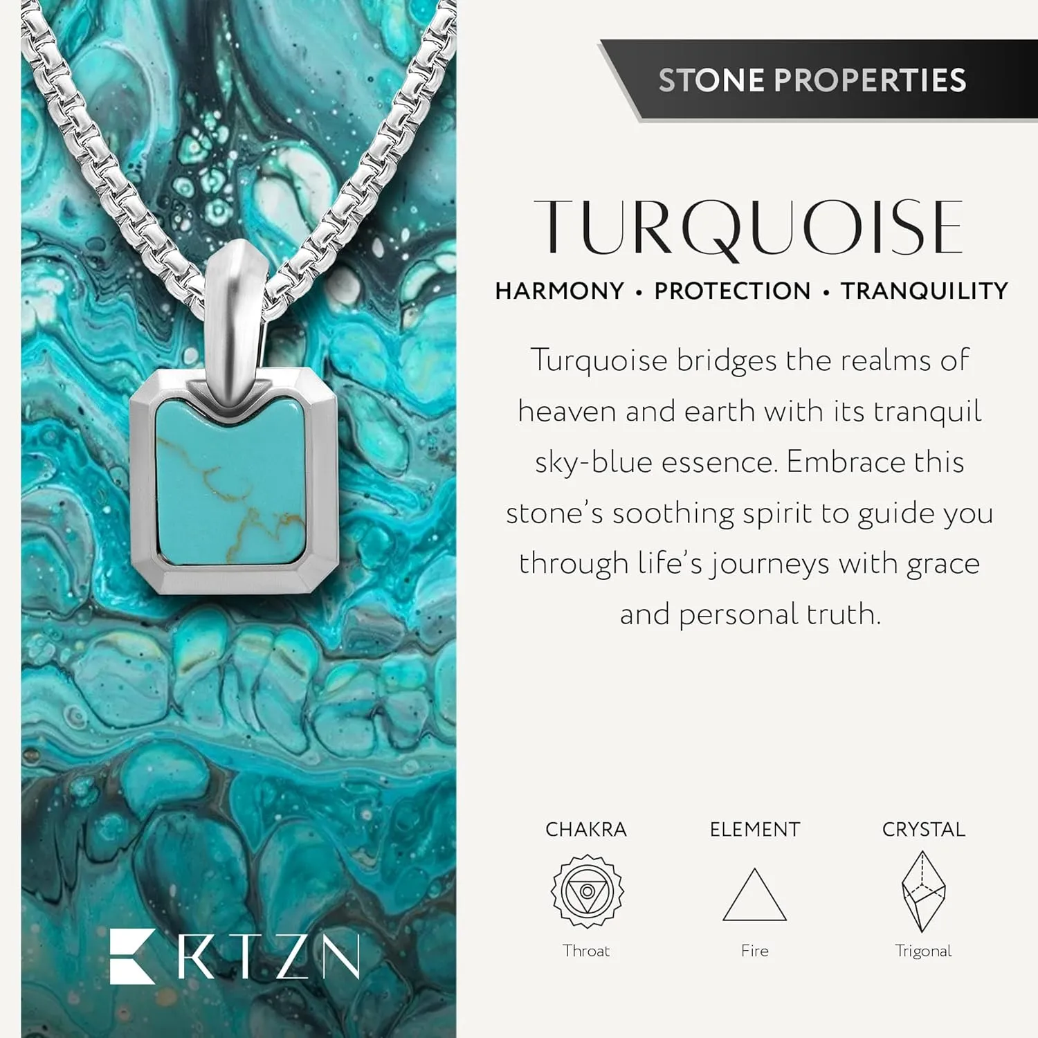 RTZN Turquoise Necklace for Men  Premium Mens Small Square Pendant with Stainless Steel Box Chain 22" Inch   2" Extension - Mens Turquoise Necklace