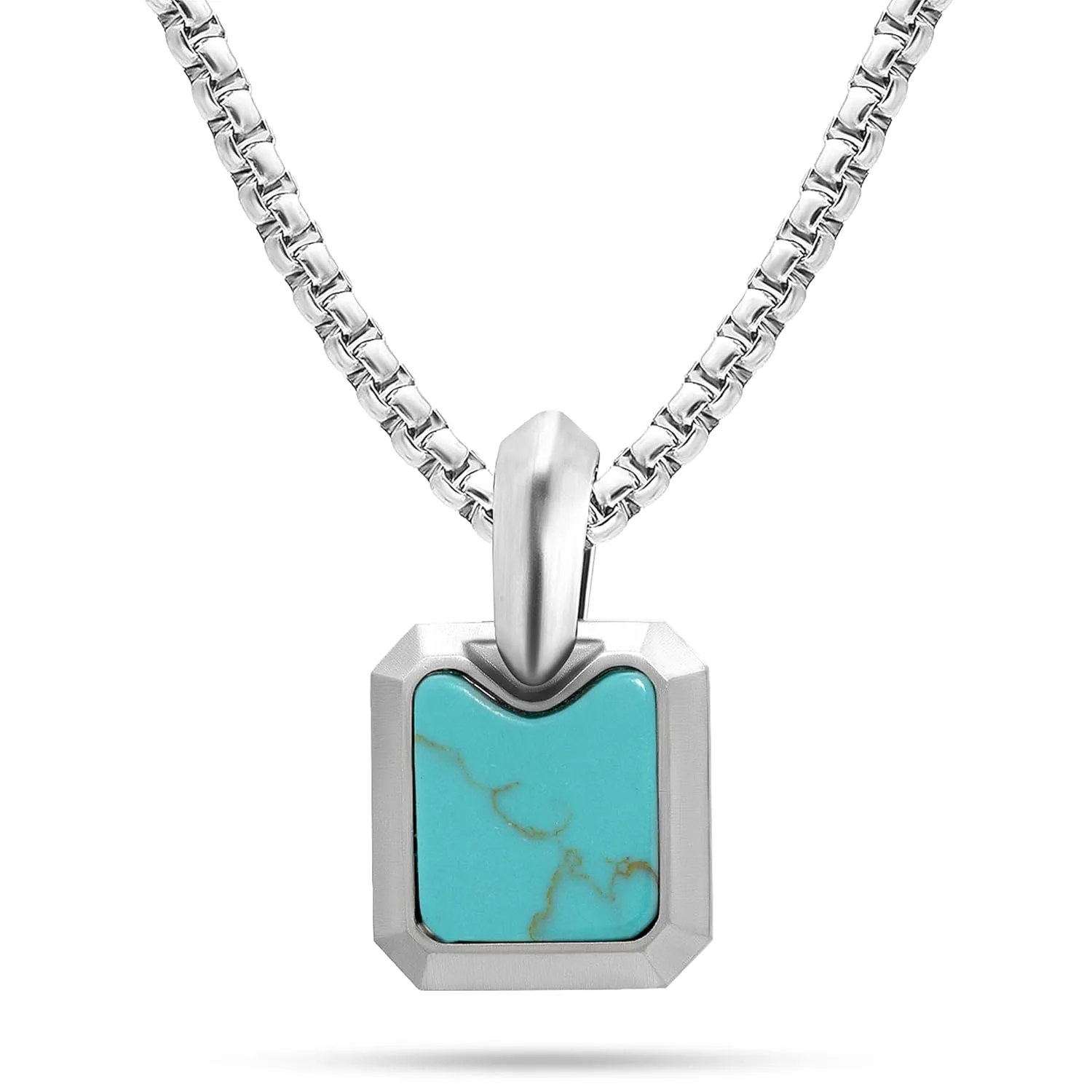 RTZN Turquoise Necklace for Men  Premium Mens Small Square Pendant with Stainless Steel Box Chain 22" Inch   2" Extension - Mens Turquoise Necklace