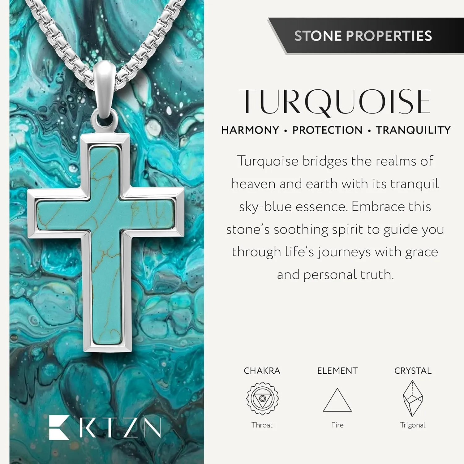 RTZN Turquoise Necklace for Men  Premium Mens Turquoise Cross Necklace with Stainless Steel Box Chain 22" Inch   2" Extension - Western Cross Necklace for Men