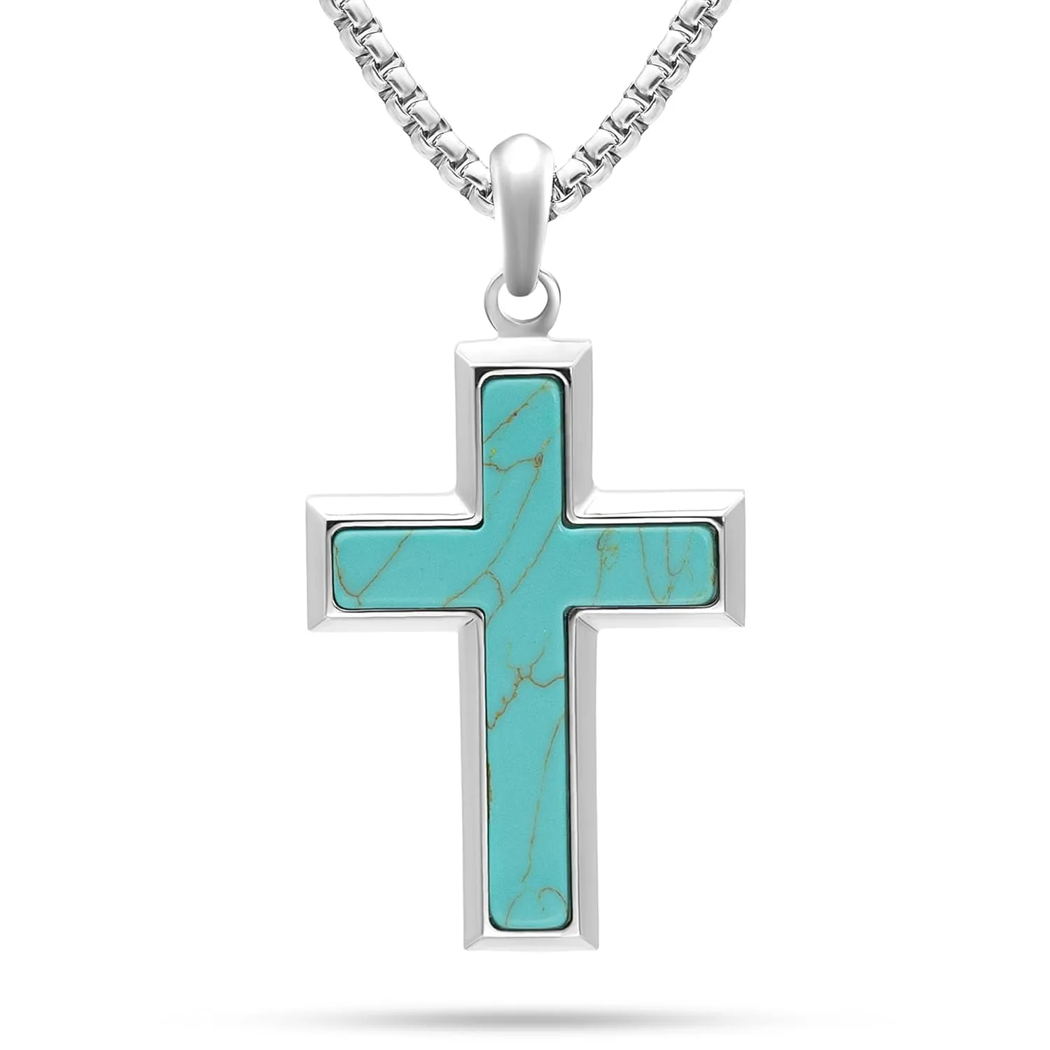 RTZN Turquoise Necklace for Men  Premium Mens Turquoise Cross Necklace with Stainless Steel Box Chain 22" Inch   2" Extension - Western Cross Necklace for Men