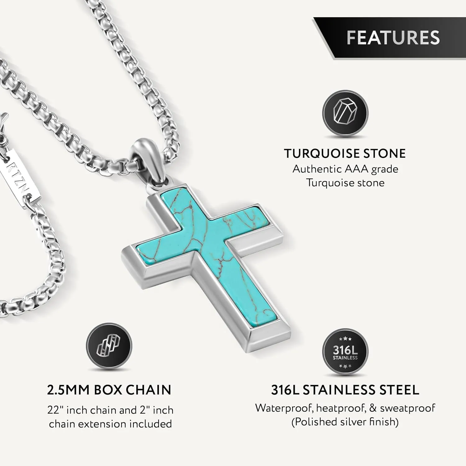 RTZN Turquoise Necklace for Men  Premium Mens Turquoise Cross Necklace with Stainless Steel Box Chain 22" Inch   2" Extension - Western Cross Necklace for Men
