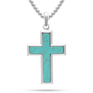 RTZN Turquoise Necklace for Men  Premium Mens Turquoise Cross Necklace with Stainless Steel Box Chain 22" Inch   2" Extension - Western Cross Necklace for Men