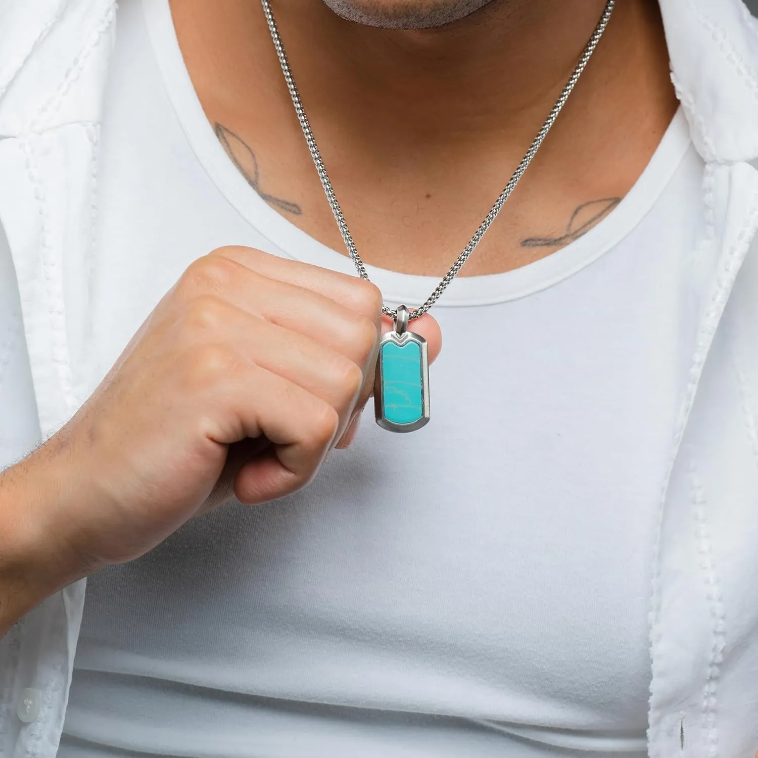 RTZN Turquoise Necklace for Men  Premium Mens Turquoise Necklace Dog Tag Pendant with Stainless Steel Box Chain 22" Inch   2" Extension - Mens Western Necklace