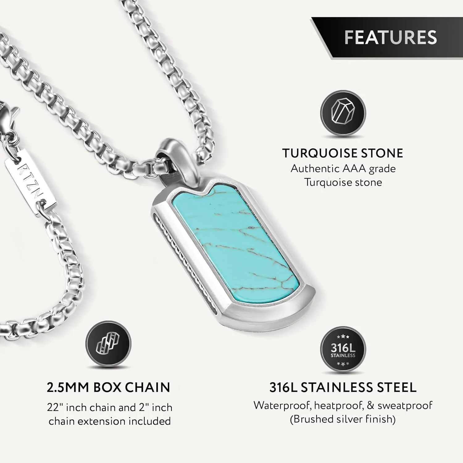 RTZN Turquoise Necklace for Men  Premium Mens Turquoise Necklace Dog Tag Pendant with Stainless Steel Box Chain 22" Inch   2" Extension - Mens Western Necklace