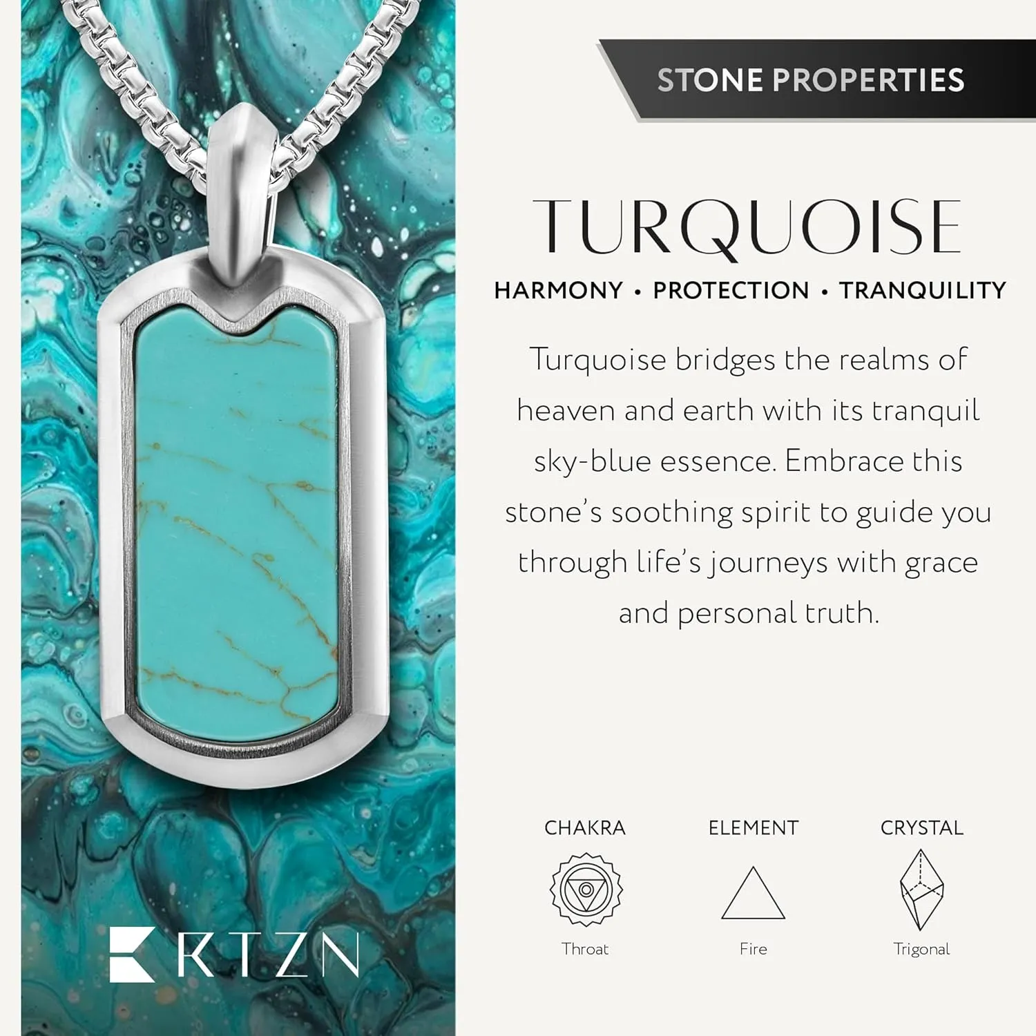 RTZN Turquoise Necklace for Men  Premium Mens Turquoise Necklace Dog Tag Pendant with Stainless Steel Box Chain 22" Inch   2" Extension - Mens Western Necklace