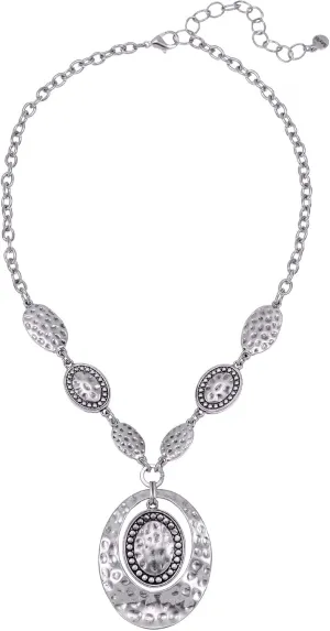 Ruby Rd. Antique Silver Finished Short Orbital Disc Pendant Necklace with 18" Concho Style Adjustable Chain - Womens Fashion Jewelry