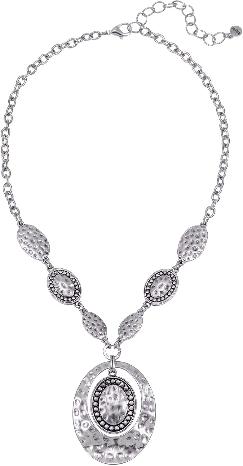 Ruby Rd. Antique Silver Finished Short Orbital Disc Pendant Necklace with 18" Concho Style Adjustable Chain - Womens Fashion Jewelry