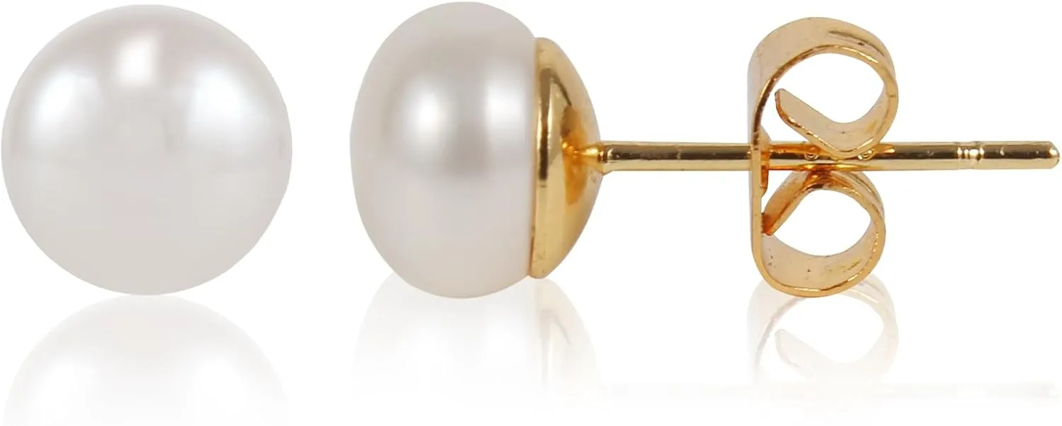 S925 Sterling Silver Plated Gold Pearl Earrings Studs,Handpicked AAA 14K Gold Plated Freshwater Cultured Stud Pearl Earrings,Fashion Jewelry Gift For Women