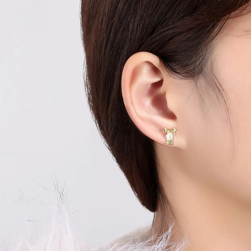 S925 Sterling Silver with Gold Plated Cute Animal Bunny Rabbit Stud Earrings for Women Easter Gift
