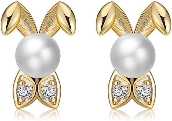 S925 Sterling Silver with Gold Plated Cute Animal Bunny Rabbit Stud Earrings for Women Easter Gift
