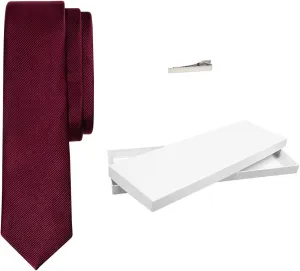 Salt   Dapper Men's Woven Solid Burgundy Silk Luxury Neck Tie With Tie Bar Clip & White Giftbox