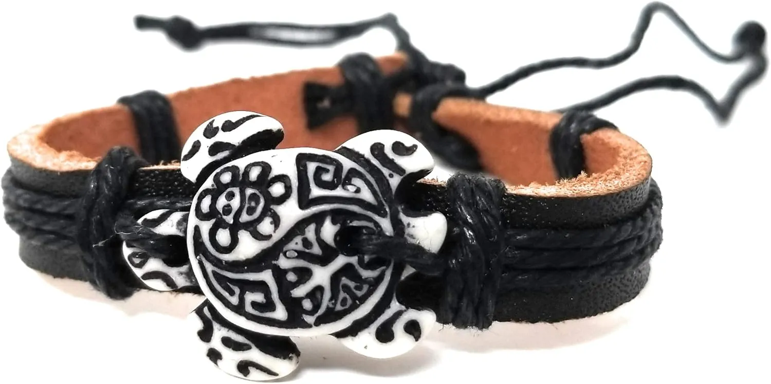 Sea Turtle Bracelet with Indian Symbols Engraved - Brown Turtle with Coqui Taino and Indian Sun