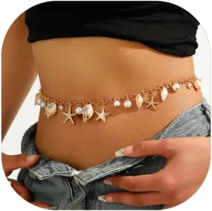 Seashell Starfish Waist Chain for Women Boho Conch Belly Body Chains Summer Beach Pearl Waist Body Jewelry