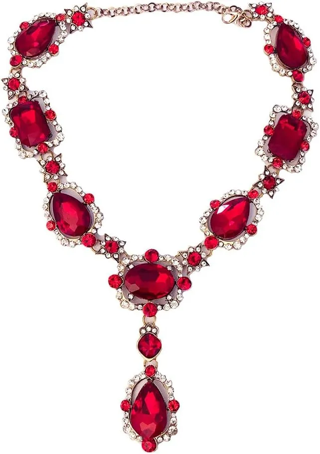 Secret for Longevity Extra Large Victorian Art Deco Antique Retro Vintage Style Gold Tone Blood Ruby Red Rhinestone Chunky Statement Wedding Bridal Prom Drag Queen Pageant Necklace