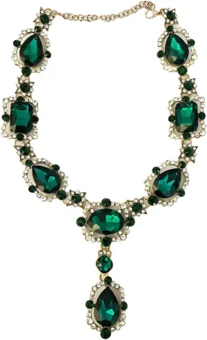 Secret for Longevity Extra Large Victorian Art Deco Antique Retro Vintage Style Gold Tone Dark Green Hunter Emerald Rhinestone Chunky Statement Wedding Bridal Prom Drag Queen Pageant Necklace