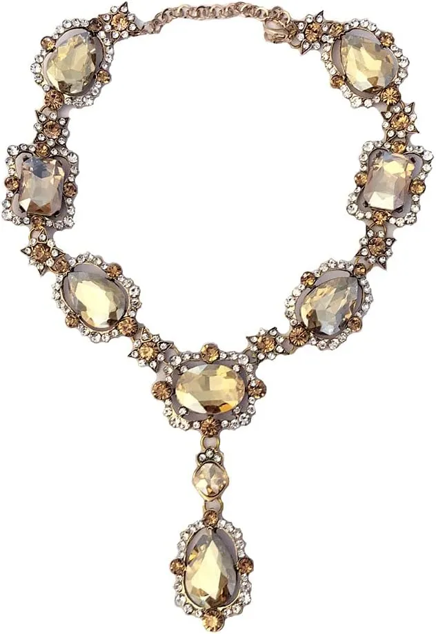 Secret for Longevity Extra Large Victorian Art Deco Antique Retro Vintage Style Gold Tone Yellow Citrine Topaz Bronze Amber Rhinestone Chunky Statement Wedding Bridal Prom Drag Queen Pageant Necklace