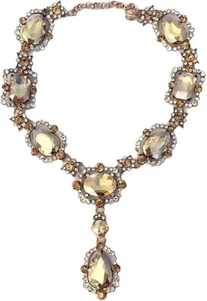 Secret for Longevity Extra Large Victorian Art Deco Antique Retro Vintage Style Gold Tone Yellow Citrine Topaz Bronze Amber Rhinestone Chunky Statement Wedding Bridal Prom Drag Queen Pageant Necklace
