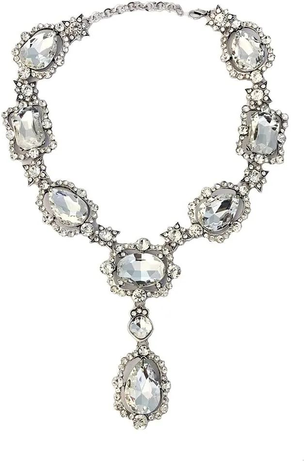 Secret for Longevity Extra Large Victorian Art Deco Antique Retro Vintage Style Silver Tone Clear Rhinestone Chunky Statement Wedding Bridal Prom Drag Queen Pageant Necklace