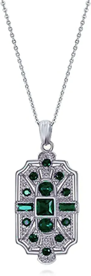 Secret for Longevity Geometric Art Deco Vintage Antique Flapper Gatsby Retro Style Dark Hunter Green Emerald Rhinestone 19" inch Silver Tone Chain Pendant Necklace