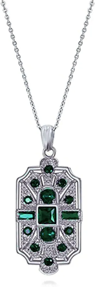 Secret for Longevity Geometric Art Deco Vintage Antique Flapper Gatsby Retro Style Dark Hunter Green Emerald Rhinestone 19" inch Silver Tone Chain Pendant Necklace