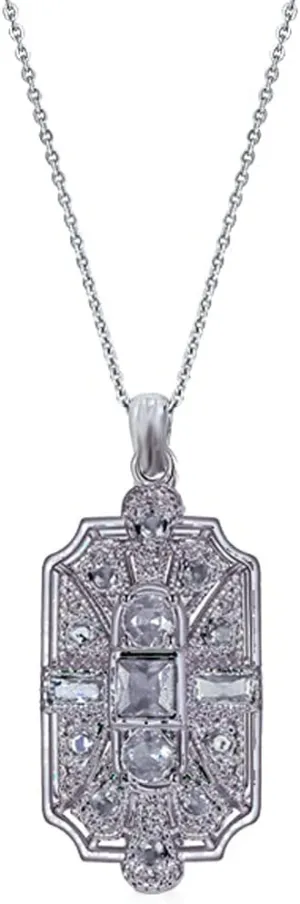 Secret for Longevity Geometric Art Deco Vintage Antique Flapper Gatsby Retro Style Rhinestone 19" inch Silver Tone Chain Pendant Necklace