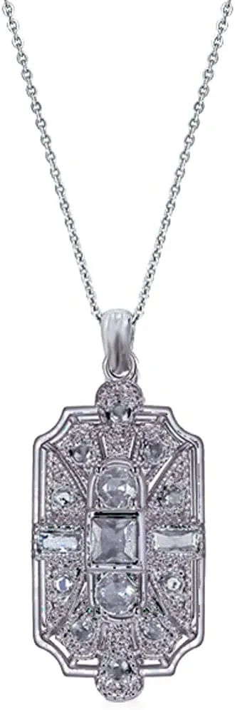 Secret for Longevity Geometric Art Deco Vintage Antique Flapper Gatsby Retro Style Rhinestone 19" inch Silver Tone Chain Pendant Necklace