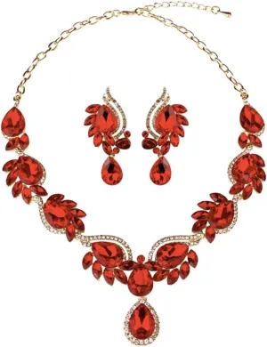 Secret for Longevity Gold Tone Antique Art Deco Vintage Retro Style Flapper Gatsby Ruby Red Rhinestone Statement Wedding Bridal Prom Necklace Earring Set