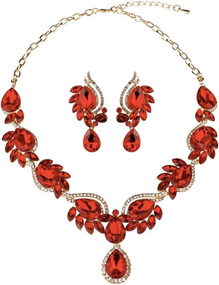 Secret for Longevity Gold Tone Antique Art Deco Vintage Retro Style Flapper Gatsby Ruby Red Rhinestone Statement Wedding Bridal Prom Necklace Earring Set