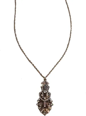 Secret for Longevity Gold Tone Geometric Art Deco Vintage Antique Retro 20s 30s Flapper Gatsby Style Rhinestone Pendant Necklace on 18.5" inch Chain
