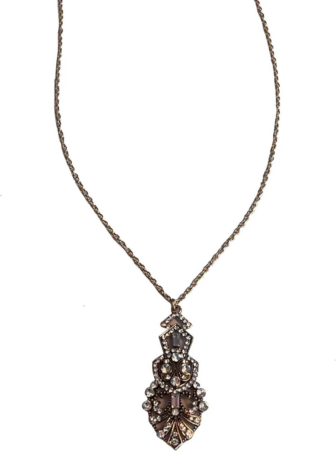 Secret for Longevity Gold Tone Geometric Art Deco Vintage Antique Retro 20s 30s Flapper Gatsby Style Rhinestone Pendant Necklace on 18.5" inch Chain