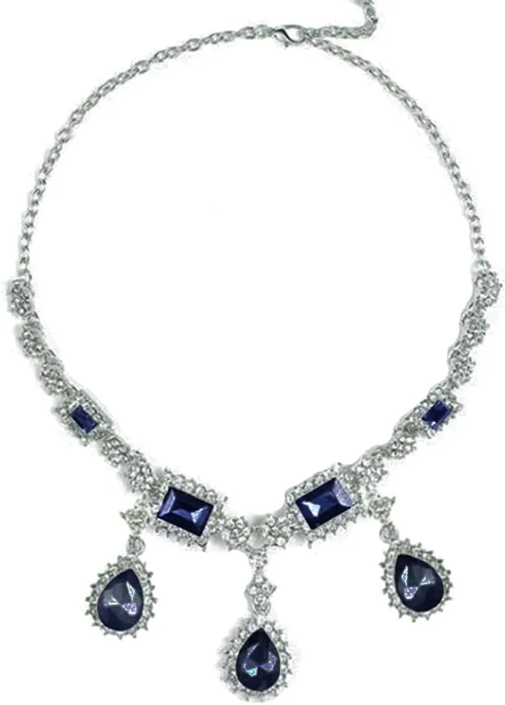Secret for Longevity Silver Tone Antique Retro Vintage Art Deco Style Gatsby Dark Sapphire Blue Rhinestone Statement Wedding Bridal Prom Chunky Choker Statement Necklace